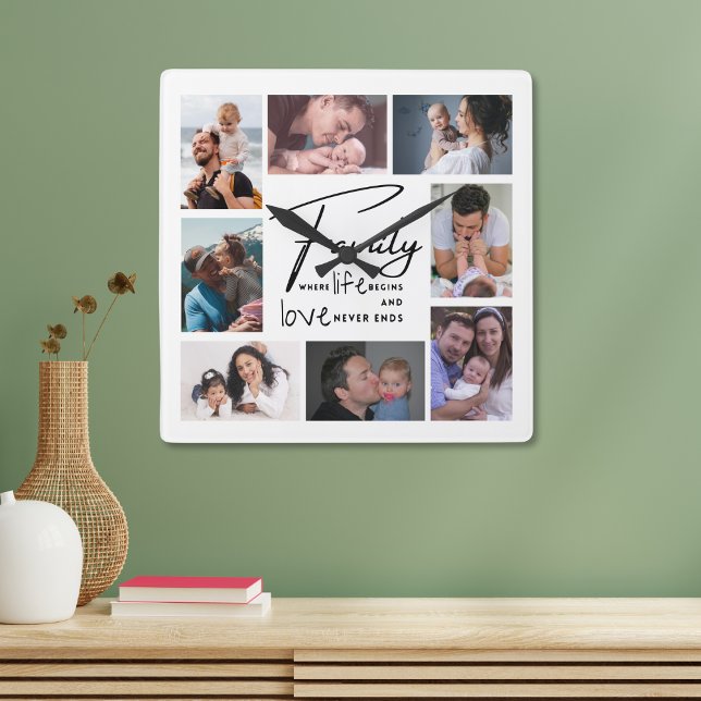 Custom 8 Photo Collage Family  Love Quote White Square Wall Clock (Creator Uploaded)