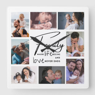 Custom 8 Photo Collage Family  Love Quote White Square Wall Clock