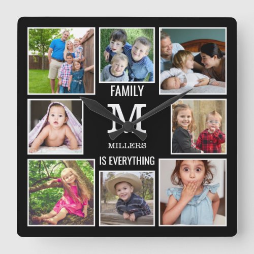 Custom 8 Photo Collage Family Monogram Black Square Wall Clock