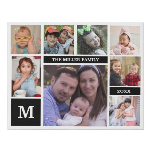 Custom 8 Photo Collage Family Name Monogram Black Faux Canvas Print
