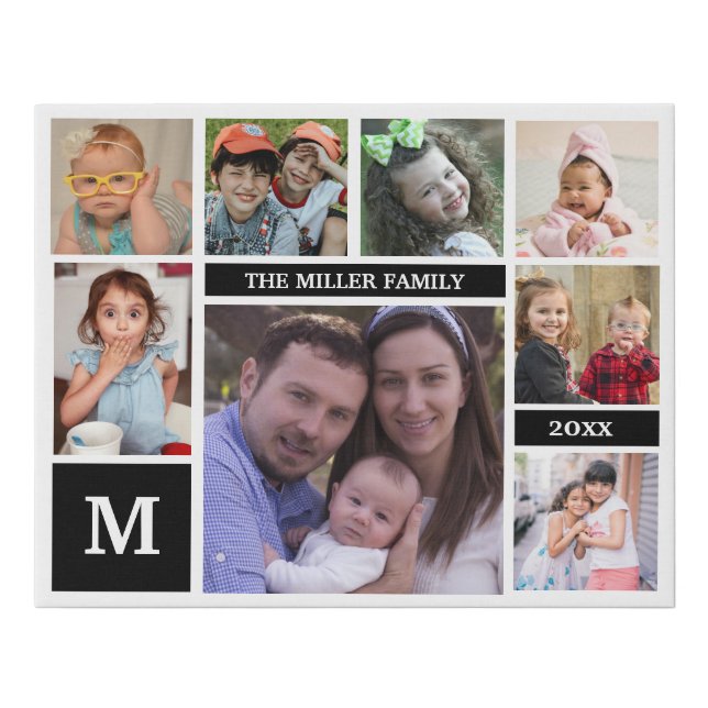 Custom 8 Photo Collage Family Name Monogram Black Faux Canvas Print (Front)