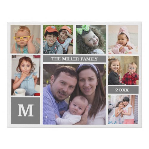 Custom 8 Photo Collage Family Name Monogram Gray Faux Canvas Print