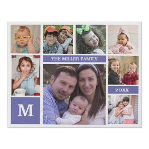Custom 8 Photo Collage Family Name Monogram Purple Faux Canvas Print
