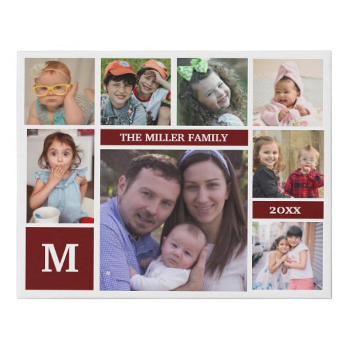 Custom 8 Photo Collage Family Name Monogram Red Faux Canvas Print