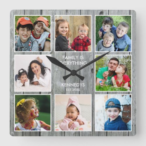 Custom 8 Photo Collage Family Name Quote Gray Wood Square Wall Clock