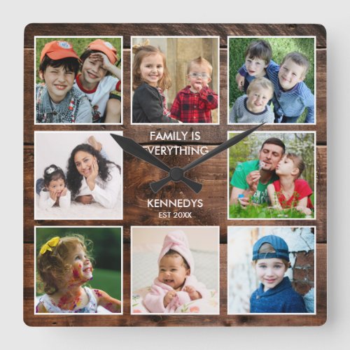 Custom 8 Photo Collage Family Quote Dark Wood Square Wall Clock
