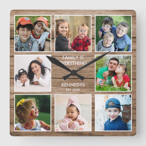 Custom 8 Photo Collage Family Quote Reclaimed Wood Square Wall Clock