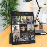 Custom 8 photo collage gold black graduate name plaque<br><div class="desc">Stylish modern luxury elegant graduate's name,  class of year,  and school personalized graduation plaque featuring a faux metallic gold copper graduation cap topper,  and 8 custom photos over a black leather like (PRINTED TEXTURE) background.</div>