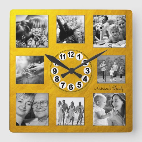 Custom 8 Photo Collage Golden Retro Family  Gold Square Wall Clock