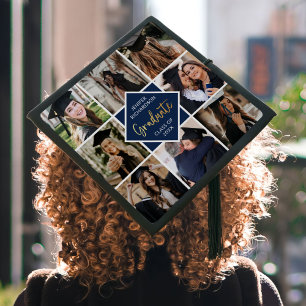 Custom 8 Photo Collage Grid Gold Graduate Graduation Cap Topper