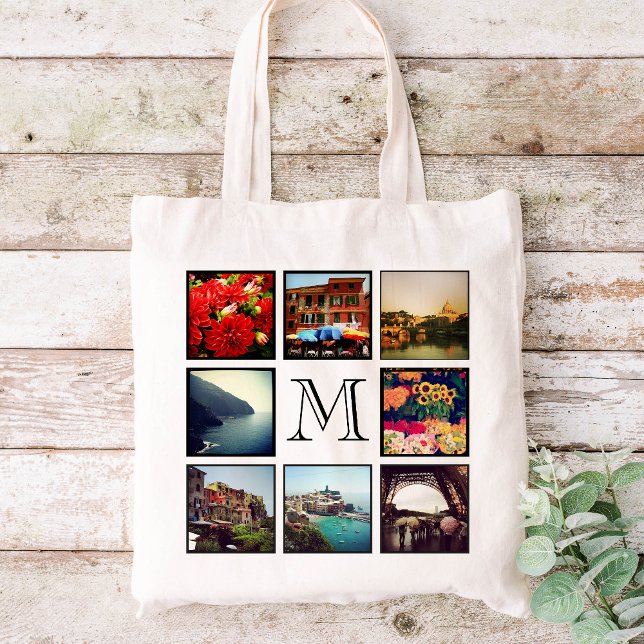 Custom 8 Photo Collage Monogrammed Tote Bag (Creator Uploaded)