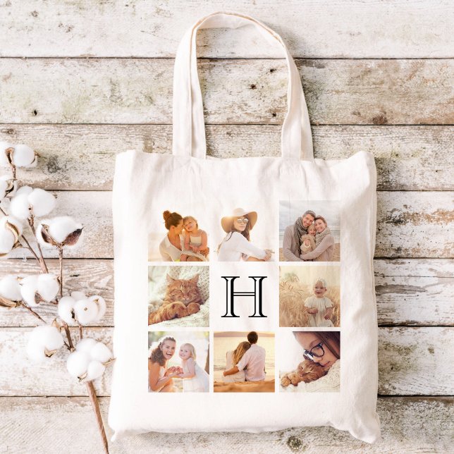 Custom 8 Photo Collage Monogrammed Tote Bag (Creator Uploaded)