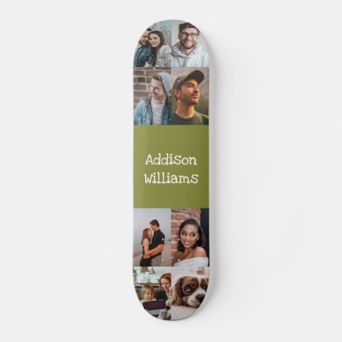 Custom 8 Photo collage Personalized Name green Skateboard