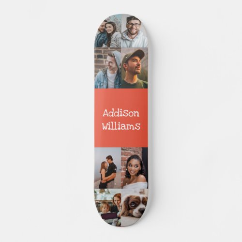Custom 8 Photo collage Personalized Name orange Skateboard