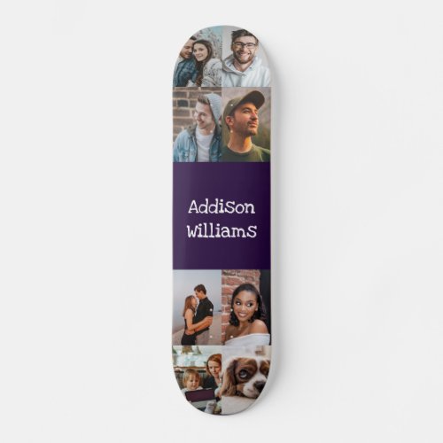 Custom 8 Photo collage Personalized Name Purple Skateboard