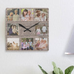 Custom 8 Photo Collage Rustic Farmhouse Reclaimed Square Wall Clock<br><div class="desc">custom simulated reclaimed barnwood planks decorative square wall-clock,  with template to house 8 photographs,  presented to look like they are painted directly onto the wood.</div>