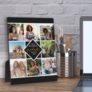 Custom 8 Photo Grid Collage Gold Graduate Plaque
