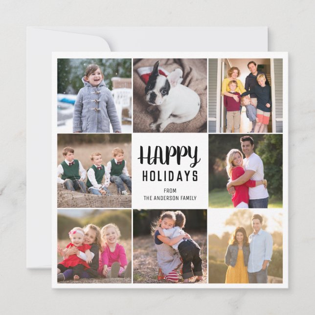 Custom 8 Photo Happy Holidays Green Gingham Plaid Holiday Card (Front)