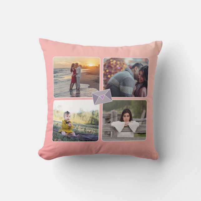 Custom 8 Pics/ Pink Purple Love Heart Envelope Throw Pillow (Front)