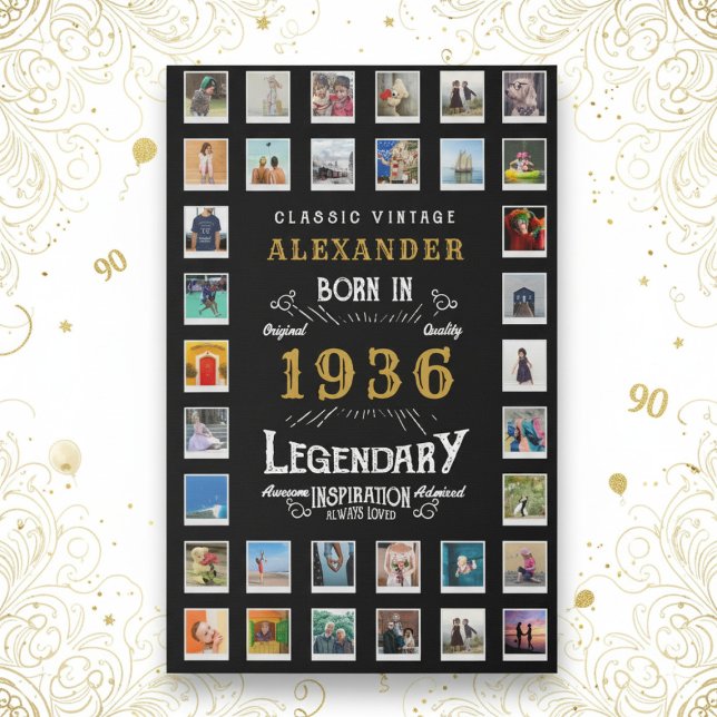 Custom 90th Birthday Photo Collage Family Memories Faux Canvas Print (1936 photo grid faux canvas on a white and gold background.)