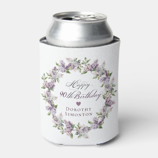 Custom 90th Birthday Purple Lilac Spring Flower Can Cooler (Can Front)