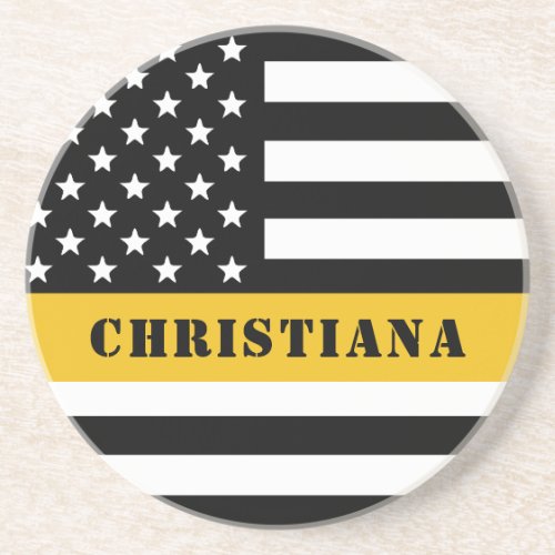 Custom 911 Dispatcher USA Flag Thin Gold Line Coaster