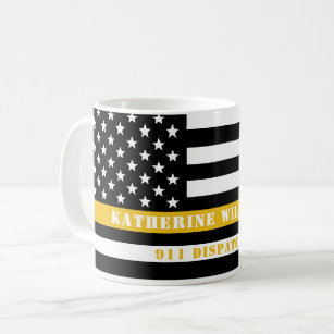 Custom 911 Dispatcher USA Flag Thin Gold Line Coffee Mug