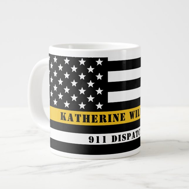 Custom 911 Dispatcher USA Flag Thin Gold Line Giant Coffee Mug (Front Left)