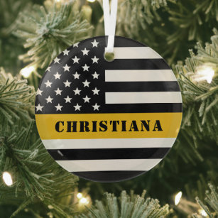 Custom 911 Dispatcher USA Flag Thin Gold Line Glass Ornament
