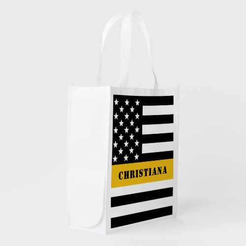 Custom 911 Dispatcher USA Flag Thin Gold Line Grocery Bag