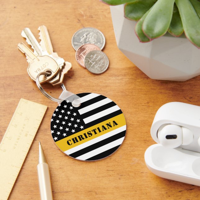 Custom 911 Dispatcher USA Flag Thin Gold Line Keychain (Desk)