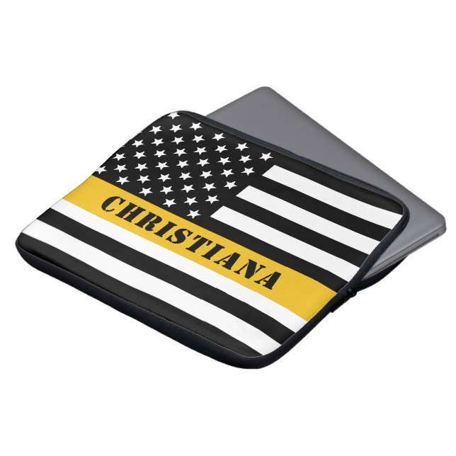 Custom 911 Dispatcher USA Flag Thin Gold Line Laptop Sleeve (Front Top)