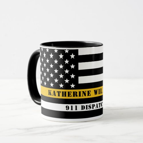 Custom 911 Dispatcher USA Flag Thin Gold Line Mug