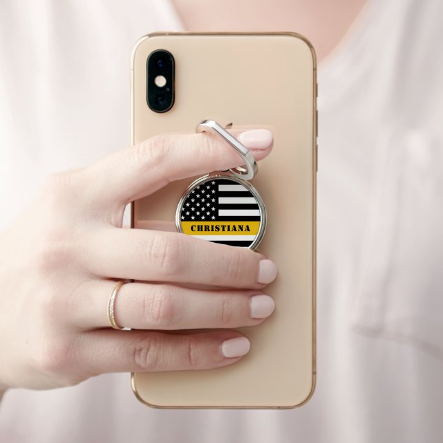Custom 911 Dispatcher USA Flag Thin Gold Line Phone Ring Stand (In Situ)