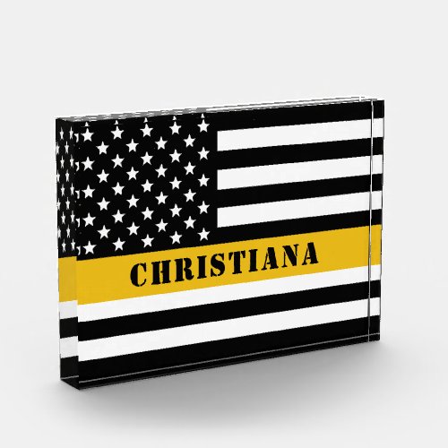 Custom 911 Dispatcher USA Flag Thin Gold Line Photo Block