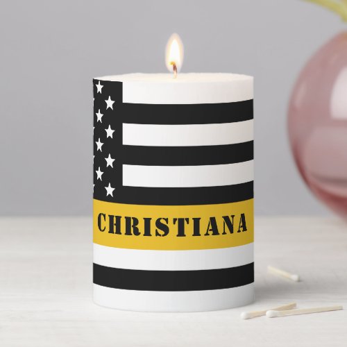 Custom 911 Dispatcher USA Flag Thin Gold Line Pillar Candle