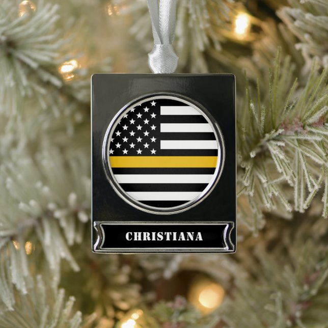 Custom 911 Dispatcher USA Flag Thin Gold Line Silver Plated Banner Ornament (Tree)