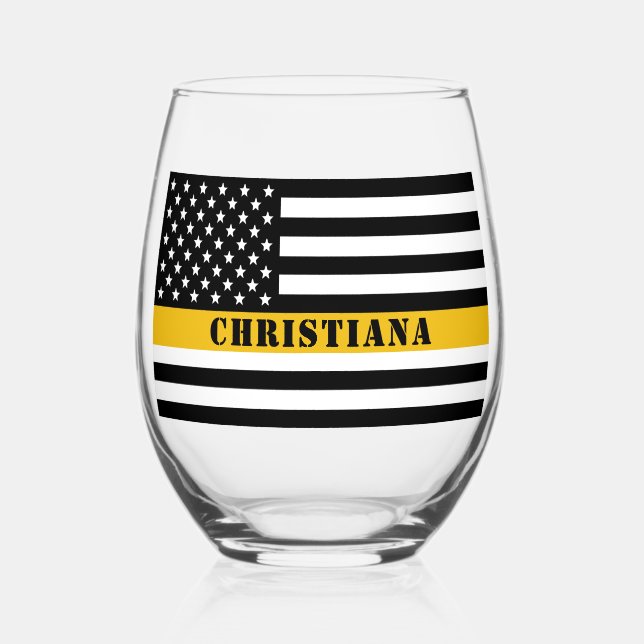 Custom 911 Dispatcher USA Flag Thin Gold Line Stemless Wine Glass (Front)