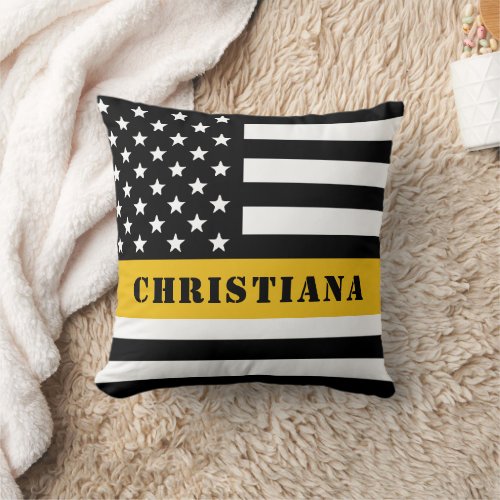 Custom 911 Dispatcher USA Flag Thin Gold Line Throw Pillow