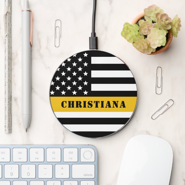 Custom 911 Dispatcher USA Flag Thin Gold Line Wireless Charger (Desk)