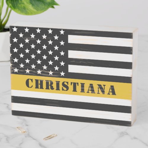 Custom 911 Dispatcher USA Flag Thin Gold Line Wooden Box Sign