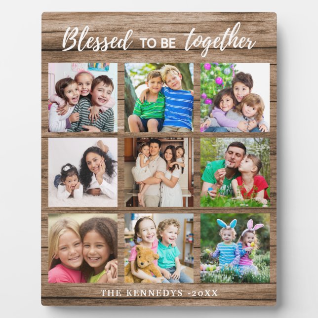 Custom 9 Photo Collage Blessed Family Quote Wood Plaque (Front)