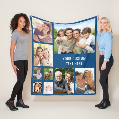 Custom 9 Photo Collage Blue Fleece Blanket