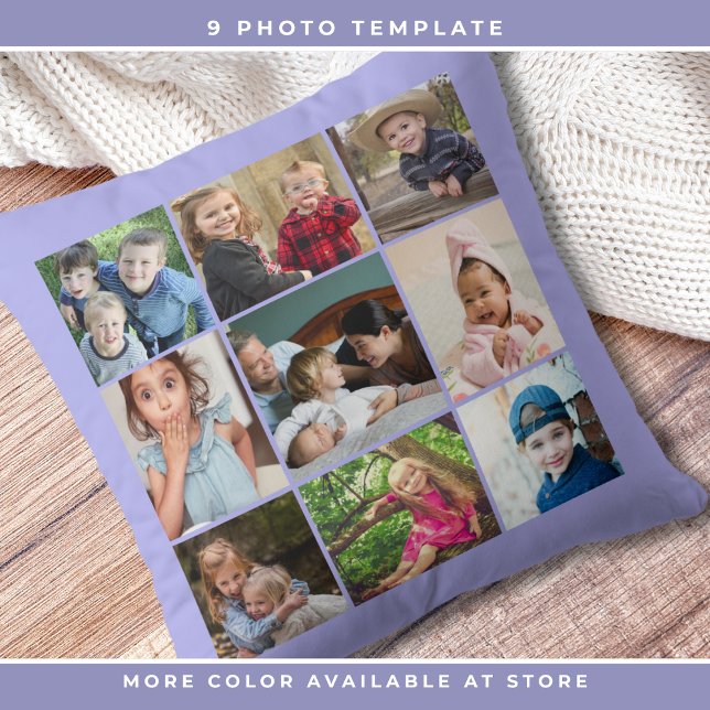 Custom 9 Photo Collage Family Keepsake Periwinkle Throw Pillow (Creator Uploaded)