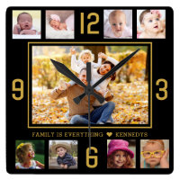 Custom 9 Photo Collage Family Quote Black And Gold Square Wall Clock