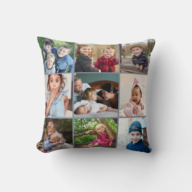 Custom 9 Photo Collage Family Quote Gray Keepsake Throw Pillow (Front)