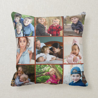 Custom 9 Photo Collage Family Quote Red Keepsake Throw Pillow