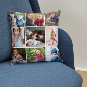 Custom 9 Photo Collage Family Quote Rustic Wood Throw Pillow