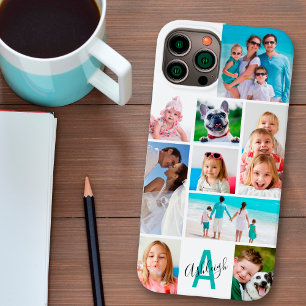 Custom 9 Photo Collage Monogram Name Your Colors iPhone 14 Case