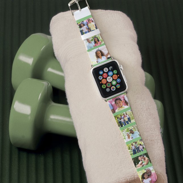 Custom 9 Photo Collage Picture Strip Sage Green Apple Watch Band (Creator Uploaded)